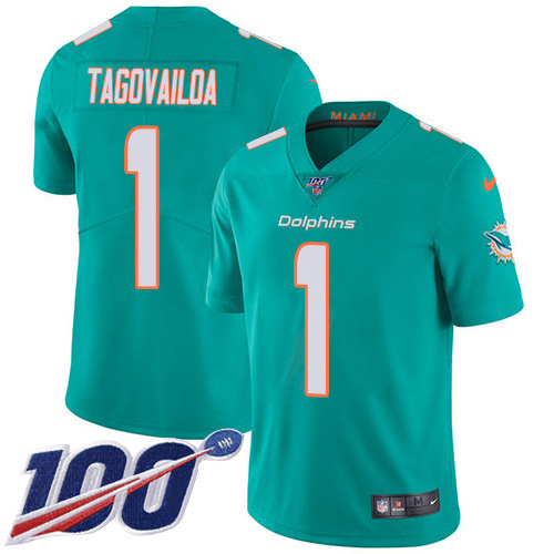Miami Dolphins #1 Tua Tagovailoa Aqua Green Team Color Men Stitched NFL 100th Season Vapor Untouchable Limited Jersey